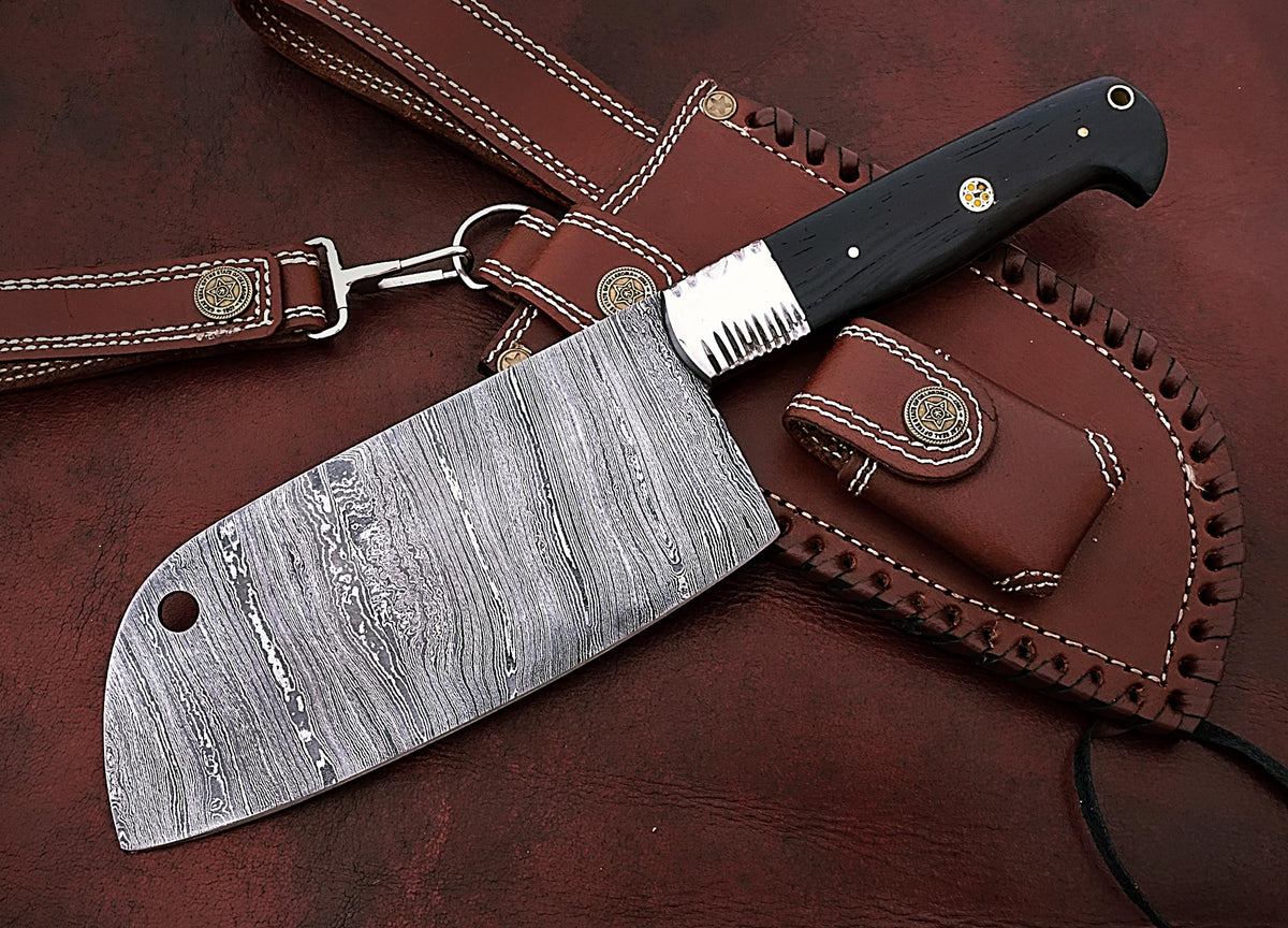 Custom Handmade Damascus Steel Burl Wood Clever Knife With Leather Sheath .  Chef Knives Clever Knives .special for Kitchen . 