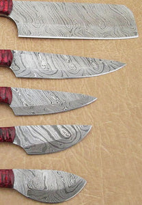 Set of 5 Custom Hand Made Damascus Steel Chef Knife with Red Colored Wood Handle