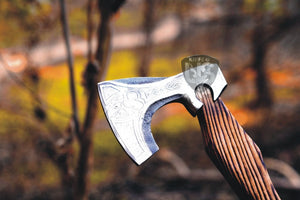 Beautiful Handmade Etched Axe with Ash Wood Handle & Leather Roping