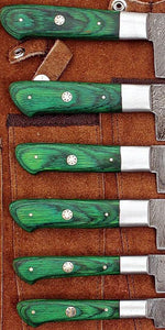 Set of 6 Custom Hand Made Damascus Steel Chef Knifes with Colored Wooden Handle