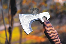 Load image into Gallery viewer, Beautiful Handmade Etched Axe with Ash Wood Handle &amp; Leather Roping