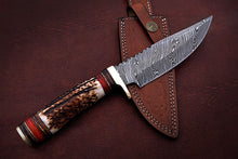 Load image into Gallery viewer, Custom Handmade Damascus Steel Bowie Knife with Stag Horn Handle