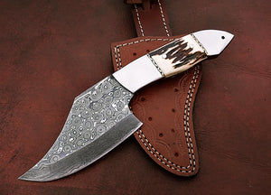 Custom Handmade Damascus Steel Beautiful Chopper Knife with Stunning Stag Horn Handle