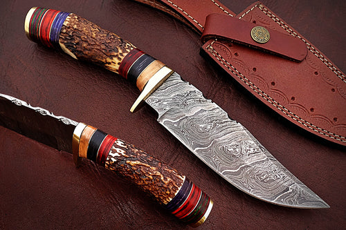 Custom Handmade Damascus Steel Stunning Bowie Knife with Beautiful Stag Horn & Colored Wood Handle