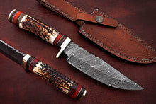 Load image into Gallery viewer, Custom Handmade Damascus Steel Bowie Knife with Stag Horn Handle