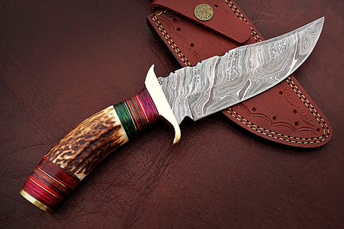 Custom Handmade Damascus Steel Amazing Bowie Knife with Beautiful Stag Horn & Colored Wood Handle
