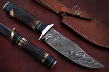 Load image into Gallery viewer, Custom Handmade Damascus Steel Stunning Bowie Knife with Beautiful Stag Horn Handle