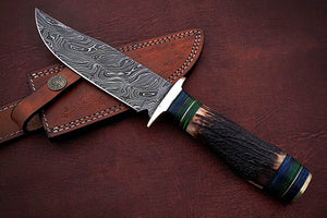 Custom Handmade Damascus Steel Stunning Bowie Knife with Beautiful Stag Horn Handle