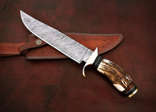 Load image into Gallery viewer, Custom Handmade Damascus Steel Stunning Hunting Knife with Amazing Stag Horn Handle