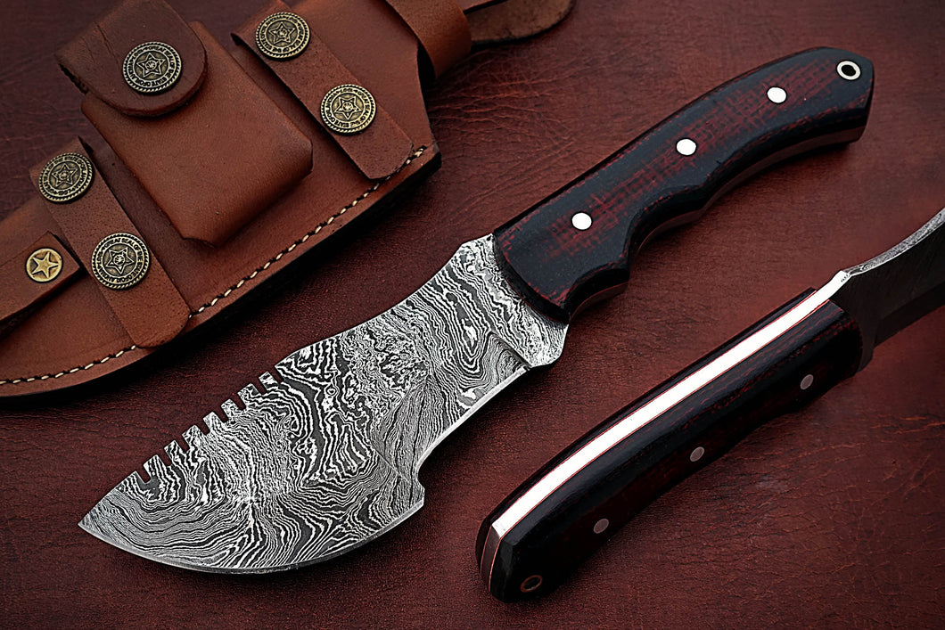 Custom Handmade Damascus Steel Stunning Tracker Knife with Beautiful Colored Micarta Handle