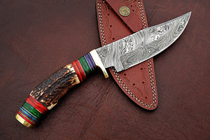 Handmade Damascus Steel Bowie Knife with Stag Handle