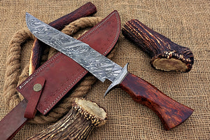 Custom Handmade Damascus Steel Stunning Hunting Knife with Beautiful Rose Wood Handle