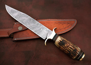 Custom Handmade Damascus Steel Beautiful Hunting Knife with Stunning Stag Horn Handle