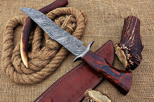 Custom Handmade Damascus Steel Stunning Hunting Knife with Beautiful Rose Wood Handle