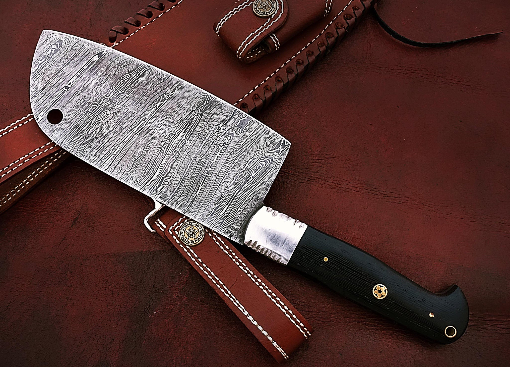 Custom Handmade Damascus Steel Burl Wood Clever Knife With Leather Sheath .  Chef Knives Clever Knives .special for Kitchen . 