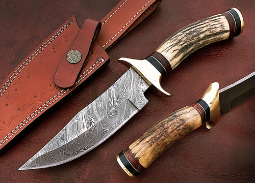 Custom Handmade Damascus Steel Beautiful Bowie Knife with Stunning Stag Horn Handle