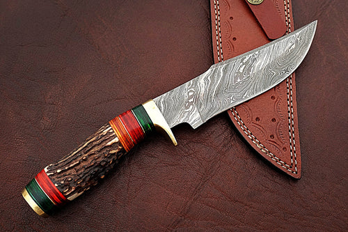 Custom Made Damascus Steel Amazing Bowie Knife with Stag Handle