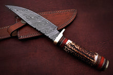 Load image into Gallery viewer, Custom Handmade Damascus Steel Bowie Knife with Stag Horn Handle