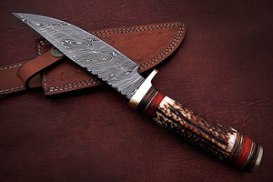 Custom Handmade Damascus Steel Bowie Knife with Stag Horn Handle