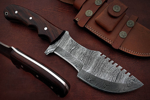 Custom Handmade Damascus Steel Amazing Tracker Knife with Beautiful Rose Wood Handle