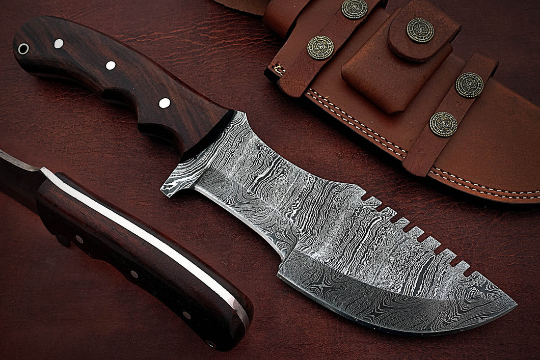 Custom Handmade Damascus Steel Amazing Tracker Knife with Beautiful Rose Wood Handle