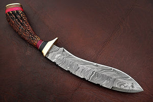 Custom Hand Made Damascus Steel Amazing Kukri Knife with Stag Horn Handle