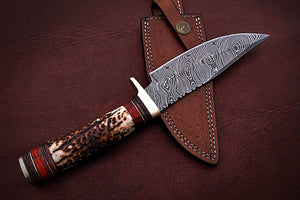 Custom Handmade Damascus Steel Bowie Knife with Stag Horn Handle