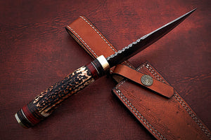 Custom Handmade Damascus Steel Bowie Knife with Stag Horn Handle