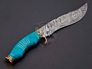 Handmade Damascus Steel Beautiful Hunting Bowie Knife with Feroza Stone on Handle