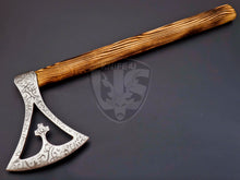 Load image into Gallery viewer, Beautiful Handmade Etched Carbon Steel Blade Sleeve Axe Ash Wood on Handle