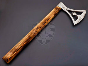 Beautiful Handmade Etched Carbon Steel Blade Sleeve Axe Ash Wood on Handle