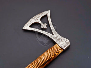 Beautiful Handmade Etched Carbon Steel Blade Sleeve Axe Ash Wood on Handle