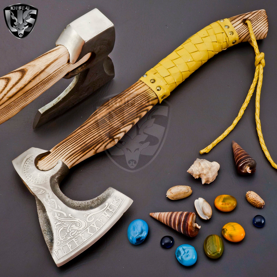Custom Gift Forged Carbon Steel Rare Viking Axe with Ash Wood & Leather Roping on Handle