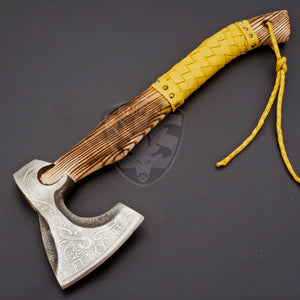Custom Gift Forged Carbon Steel Rare Viking Axe with Ash Wood & Leather Roping on Handle