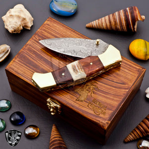 Beautiful Hand Made Damascus Steel Folding Knife Wood & Stag on Handle with Beautiful Wooden Box