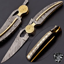 Load image into Gallery viewer, Beautiful Damascus Steel Leaf Style Pocket Folding Knife with Damascus Steel Handle