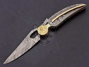 Beautiful Damascus Steel Leaf Style Pocket Folding Knife with Damascus Steel Handle