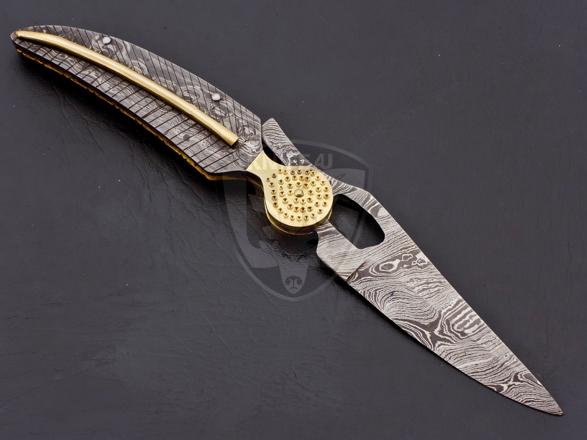 Handmade Damascus Pocket knife, Gold brass Handle, Leather Sheath, Folding  knif