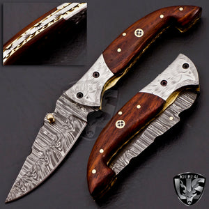 Custom Hand Made Damascus Steel Amazing Pocket Knife with Rose Wood on Handle