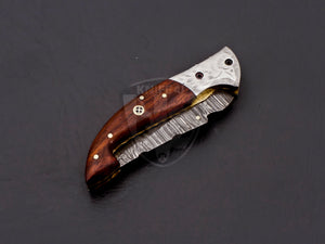 Custom Hand Made Damascus Steel Amazing Pocket Knife with Rose Wood on Handle