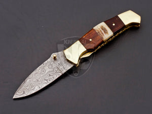 Beautiful Hand Made Damascus Steel Folding Knife Wood & Stag on Handle with Beautiful Wooden Box