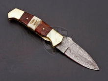 Load image into Gallery viewer, Beautiful Hand Made Damascus Steel Folding Knife Wood &amp; Stag on Handle with Beautiful Wooden Box