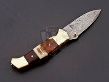 Load image into Gallery viewer, Beautiful Hand Made Damascus Steel Folding Knife Wood &amp; Stag on Handle with Beautiful Wooden Box