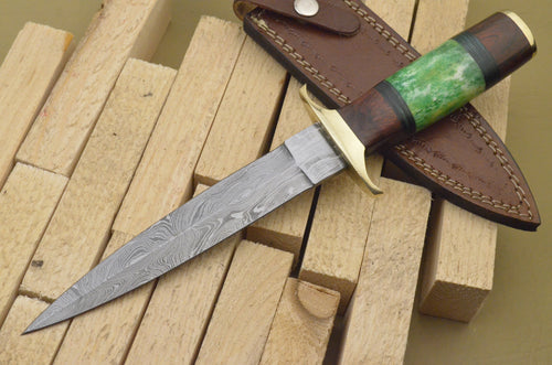 Custom Hand Made Damascus Steel Beautiful Dagger Knife with Wood & Colored Bone Handle