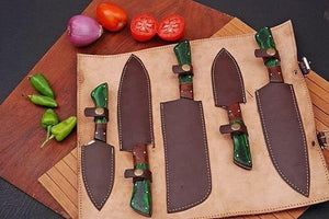 Custom Handmade Beautiful High Carbon Steel Chef Set with Colored Wood Handle