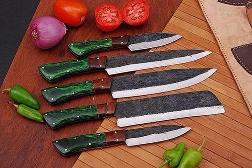 Custom Handmade Beautiful High Carbon Steel Chef Set with Colored Wood Handle