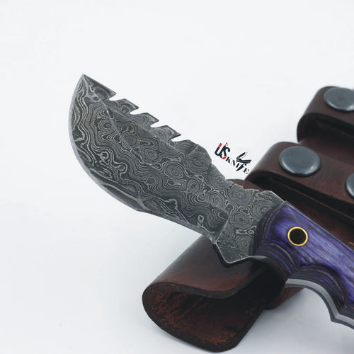 Custom Handmade Damascus Steel Amazing Tracker with Purple Wood Handle