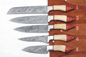 Set of 5 Custom Handmade Damascus Steel Chef Knife with Bone & Wood Handle