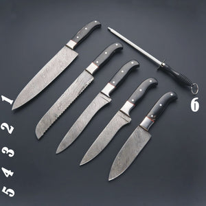 Set of 6 Custom Handmade Damascus Steel Chef Knife Set with Bull Horn Handle