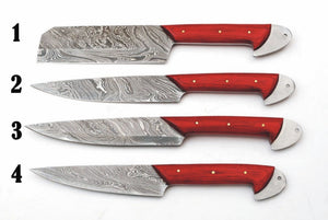 Set of 4 Custom Hand Made Damascus Steel Chef Knife with Red Colored Wood Handle